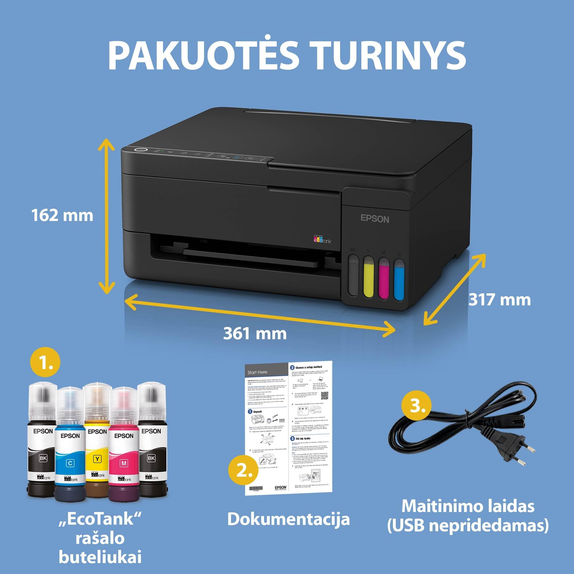 Daugiafunkcis rašalinis spausdintuvas Epson EcoTank L3352, A4, spalvotas, Wi-Fi, Wi-Fi Direct, AirPrint, juodas | C11CL62426 aprašymas - Prekės nuotrauka