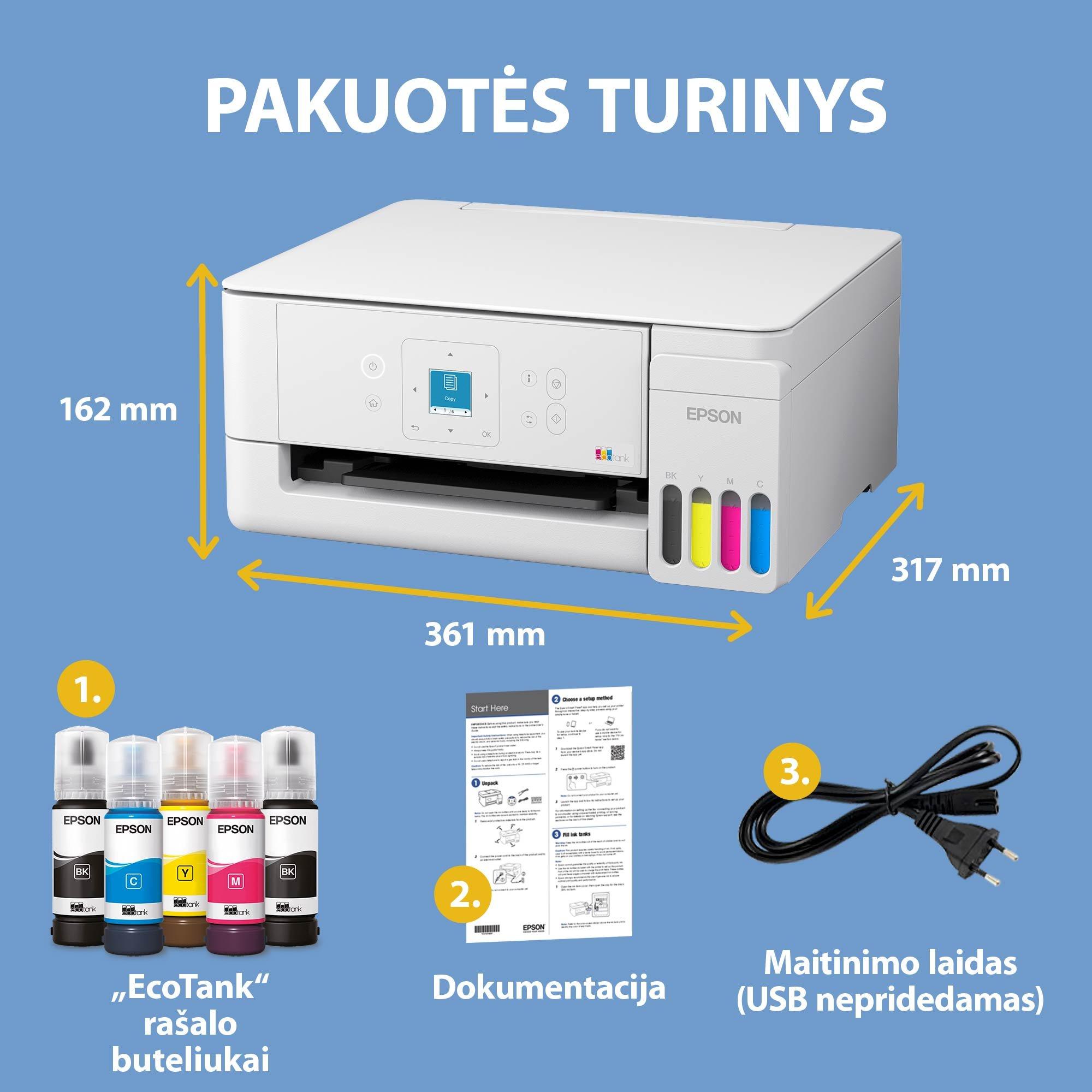Daugiafunkcis rašalinis spausdintuvas Epson EcoTank L3366, A4, spalvotas, Wi-Fi, Wi-Fi Direct, AirPrint, LCD ekranas, baltas | C11CL63411 aprašymas - Prekės nuotrauka