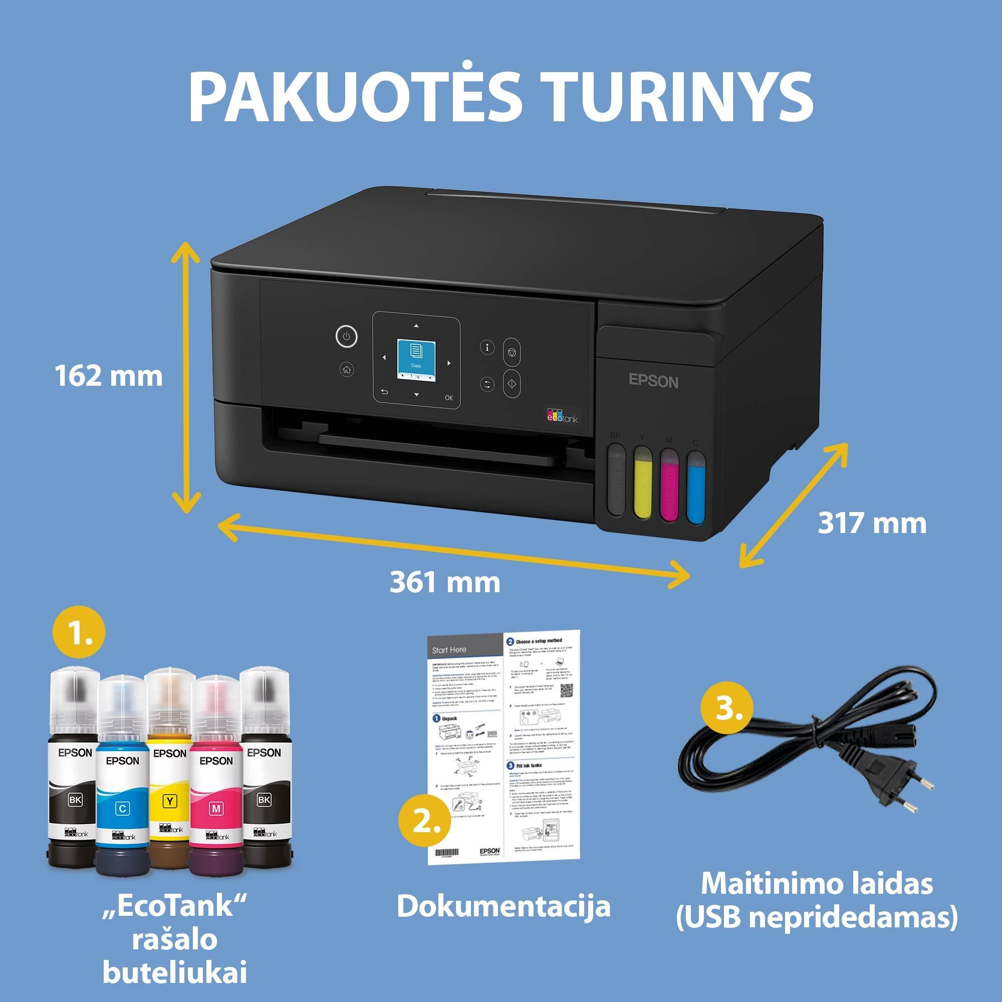 Daugiafunkcis rašalinis spausdintuvas Epson EcoTank L3362, A4, spalvotas, Wi-Fi, Wi-Fi Direct, AirPrint, LCD ekranas, juodas | C11CL63421 aprašymas - Prekės nuotrauka