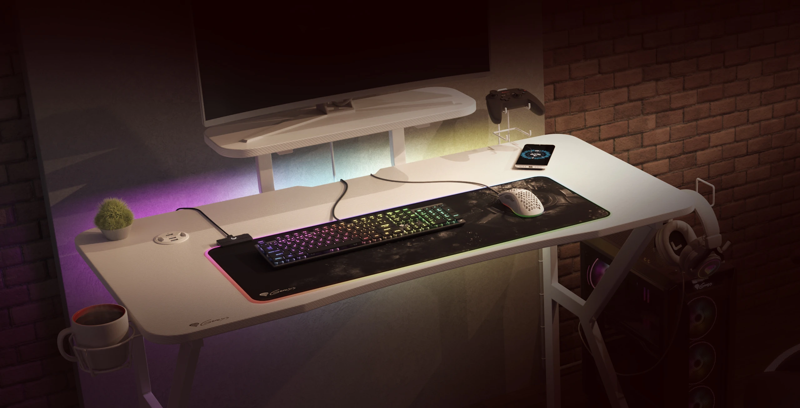 Žaidimų stalas Genesis Holm 320 RGB Gaming Desk, Baltas aprašymas - Prekės nuotrauka