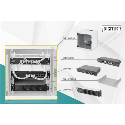 Digitus 10" tinklo rinkinys, 6U spintelė, lentyna, PDU, 8 prievadų jungiklis, CAT 6 pataisų skydelis, Pilkas | Digitus | Tinklo rinkinys | DN-10-SET-1