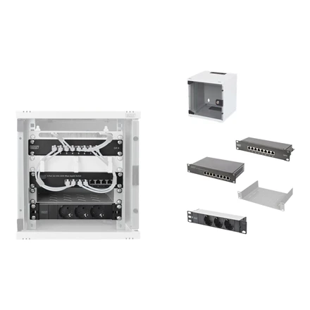 Digitus 10" tinklo rinkinys, 6U spintelė, lentyna, PDU, 8 prievadų jungiklis, CAT 6 pataisų skydelis, Pilkas | Digitus | Tinklo rinkinys | DN-10-SET-1