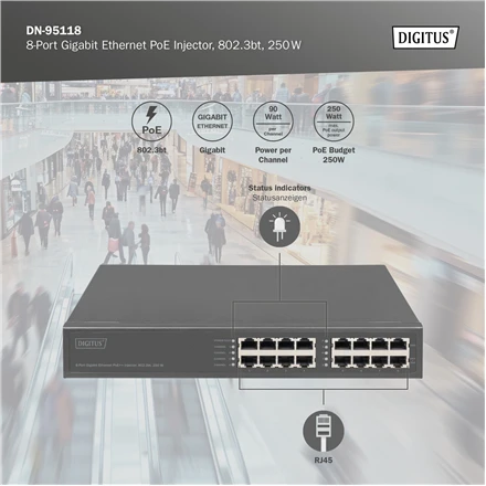 Šakotuvas „Digitus“ | 8 prievadų gigabito eterneto „PoE“ injektorius, 802.3bt, 250 W | DN-95118