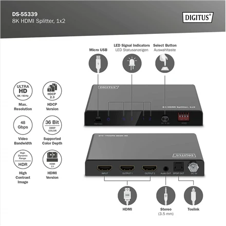 Digitus 8K HDMI Splitter, 1x2 | DS-55339 | Juodas
