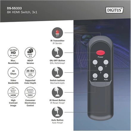 Digitus 8K HDMI Switch, 3x1 | DS-55333 | Juodas