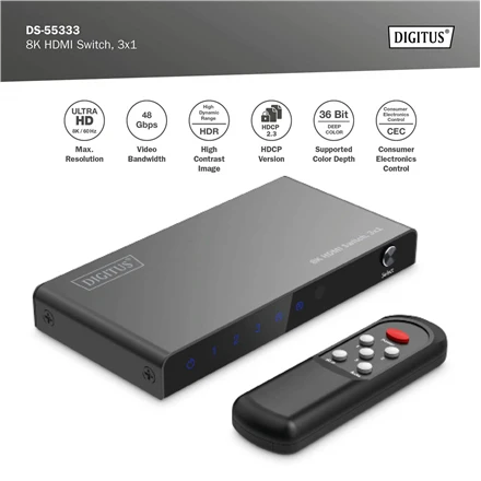 Digitus 8K HDMI Switch, 3x1 | DS-55333 | Juodas