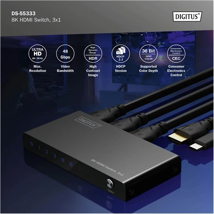 Digitus 8K HDMI Switch, 3x1 | DS-55333 | Juodas