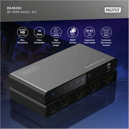 Digitus 8K HDMI Switch, 3x1 | DS-55333 | Juodas