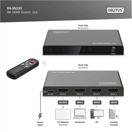 Digitus 8K HDMI Switch, 3x1 | DS-55333 | Juodas
