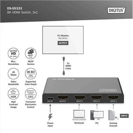 Digitus 8K HDMI Switch, 3x1 | DS-55333 | Juodas