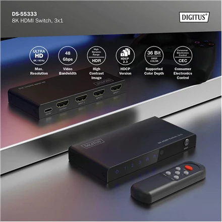 Digitus 8K HDMI Switch, 3x1 | DS-55333 | Juodas
