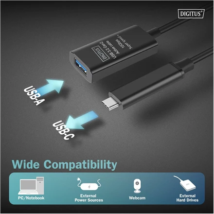 Digitus Skaitmenas | Aktyvus USB 3.2 Gen2 10G ilgintuvas | DA-73113 | USB-C į USB-A