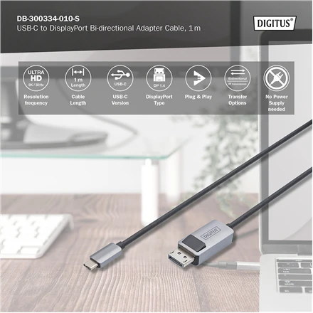 „Digitus“ | Dvikryptis adapterio kabelis | DB-300334-010-S | USB-C į DisplayPort