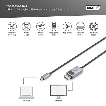 „Digitus“ | Dvikryptis adapterio kabelis | DB-300334-010-S | USB-C į DisplayPort