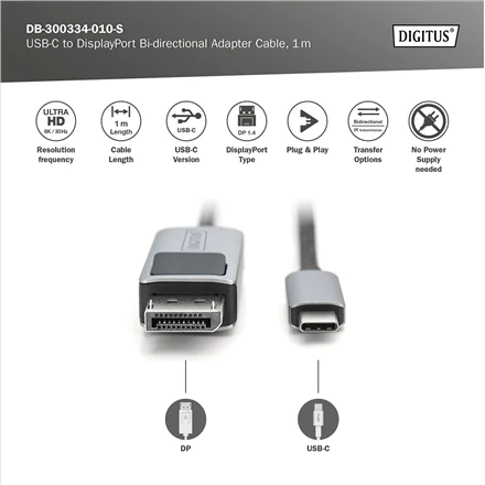 „Digitus“ | Dvikryptis adapterio kabelis | DB-300334-010-S | USB-C į DisplayPort