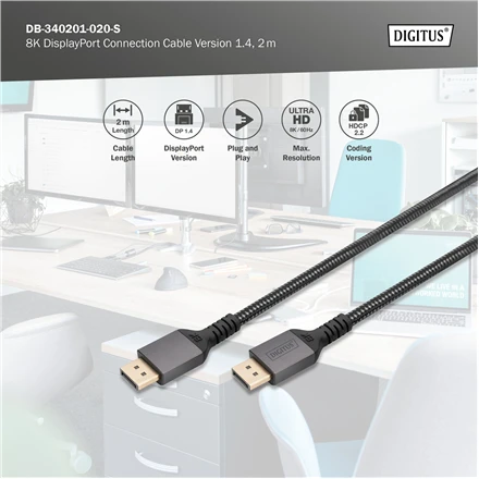 „Digitus“ | 8K „DisplayPort“ jungiamasis kabelis, 1.4 versija | DB-340201-020-S | „DisplayPort“ į „DisplayPort“