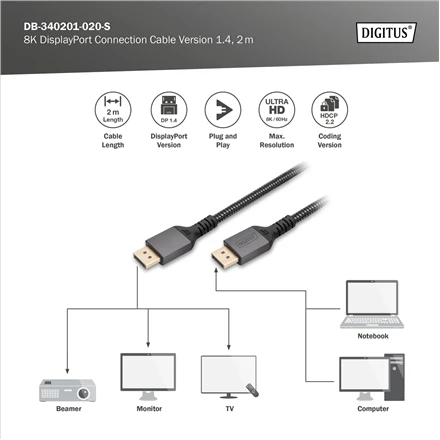 „Digitus“ | 8K „DisplayPort“ jungiamasis kabelis, 1.4 versija | DB-340201-020-S | „DisplayPort“ į „DisplayPort“