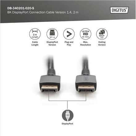 „Digitus“ | 8K „DisplayPort“ jungiamasis kabelis, 1.4 versija | DB-340201-020-S | „DisplayPort“ į „DisplayPort“