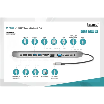 Assmann Electronic DIGITUS DA-70888 12-port USB-C Dock pilka HDMI VGA 2xUSB-C 4xUSB-A RJ45 1x3.5mm SD/MicroSD