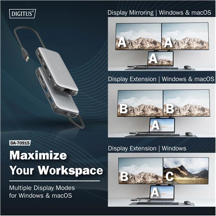 „Digitus USB-C“ įkrovimo stotelė, 8 prievadų | DA-70915 | Ethernet LAN (RJ-45) jungtys: 1 | HDMI jungčių kiekis: 2