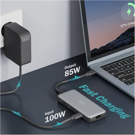 „Digitus USB-C“ įkrovimo stotelė, 8 prievadų | DA-70915 | Ethernet LAN (RJ-45) jungtys: 1 | HDMI jungčių kiekis: 2