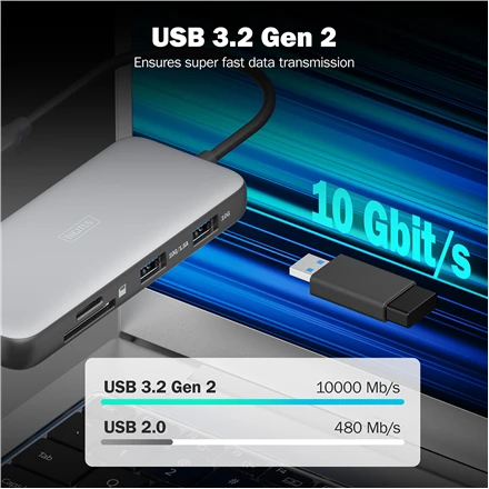 „Digitus USB-C“ įkrovimo stotelė, 8 prievadų | DA-70915 | Ethernet LAN (RJ-45) jungtys: 1 | HDMI jungčių kiekis: 2
