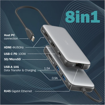 „Digitus USB-C“ įkrovimo stotelė, 8 prievadų | DA-70915 | Ethernet LAN (RJ-45) jungtys: 1 | HDMI jungčių kiekis: 2