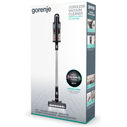 Dulkių siurblys Gorenje Vacuum cleaner Handstick 2in1 SVC252FMBK Cordless  operating, Handstick and Handheld, 25.2 V, Operating time (max) 45 min,  Juodas, Garantija 24 month(s), Baterija warranty 12 mėn. | Varle.lt