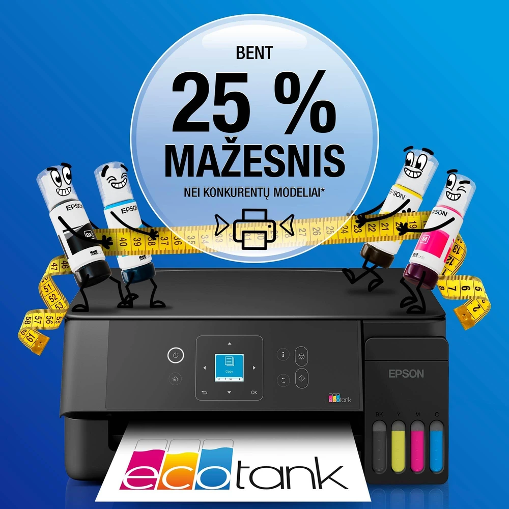 Daugiafunkcis rašalinis spausdintuvas Epson EcoTank L3362, A4, spalvotas, Wi-Fi, Wi-Fi Direct, AirPrint, LCD ekranas, juodas | C11CL63421