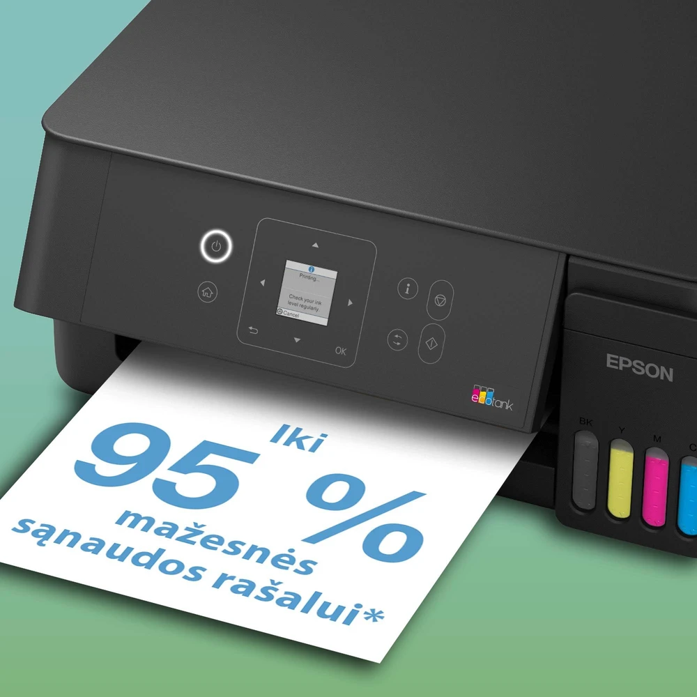 Daugiafunkcis rašalinis spausdintuvas Epson EcoTank L3362, A4, spalvotas, Wi-Fi, Wi-Fi Direct, AirPrint, LCD ekranas, juodas | C11CL63421