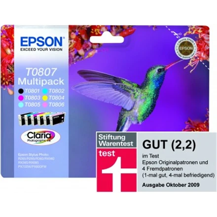 Epson Multipack 6 spalvų T0807 Claria fotografijos rašalo kasetė, Juodas, žydra, šviesiai žalsvai mėlyna, rausvai raudona, šviesiai purpurinė, geltona