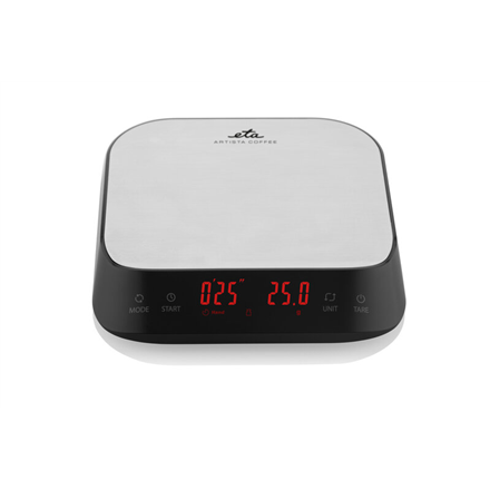 ETA | Virtuvinės svarstyklės | ETA877790000 Artista | Maksimalus svoris (talpa) 3kg | Gradacija 1 g | Ekrano tipas: LED | Integruotas laikmatis | Sidabrinis