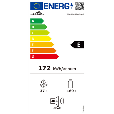ETA | Šaldytuvas | ETA254790010E | Energy efficiency class E | Free standing | Double Door | Height 142.6 cm | Šaldytuvas net capacity 169 L | Šaldiklis net capacity 37 L | 40 dB | Sidabrinis