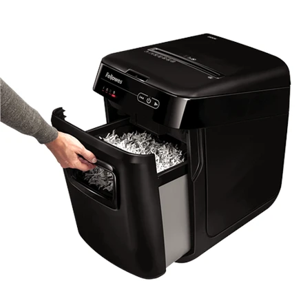 Fellowes AutoMax 200C smulkintuvas su atidarytu atliekų stalčiumi