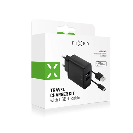 Fixed Pataisytas dvigubas USB kelioninio įkroviklio USB/USB-C laidas