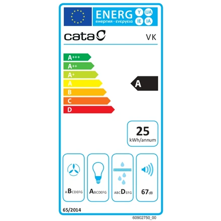 CATA Gartraukis | VK 6000 BK | Tvirtinamas prie sienos | Energijos vartojimo efektyvumo klasė A | Plotis 60 cm | 395 m³/h | Mechaninis | LED | Juodas