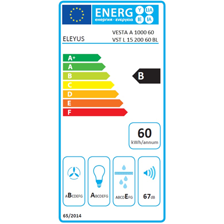 Gartraukis Eleyus Hood VST L 15 200 60 BL (Vesta A 1000 60 BL LED) Montuojamas prie sienos, B energijos vartojimo efektyvumo klasė, Plotis 60 cm, 725 m³/h, Mechaninis valdymas, LED, Juodas