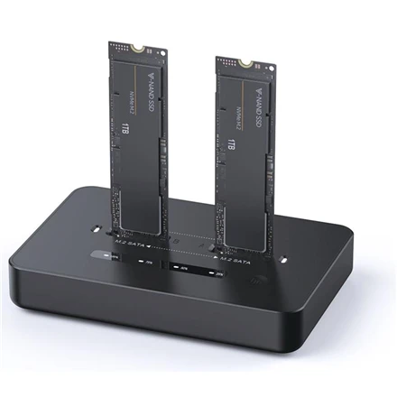 „Gembird DD2-U3M2“ darbalaukio dviejų diskų USB Type-C M.2 NVME (ir SATA) SSD prijungimo stotelė, juoda