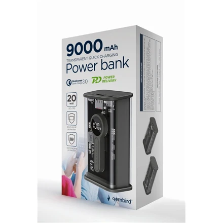 Gembird | Skaidrus QC3.0 greito įkrovimo maitinimo blokas | PB09-TQC3-01 | 9000 mAh | Juodas