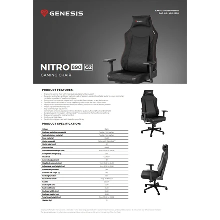 Genesis Gaming Chair Nitro 890 G2 Atlošo apmušalų medžiaga: Eko oda, Sėdynės apmušalų medžiaga: Eko oda, Pagrindo medžiaga: Metalas, Ratukų medžiaga: Nailonas su CareGlide danga | Juodas/Raudona