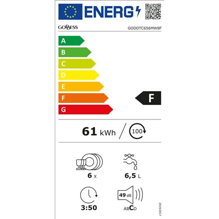 Goddess Deivė Indaplovė DTC656MW8F Stalas, Plotis 55 cm, Talpyklų skaičius 6, Programų skaičius 6, Energijos vartojimo efektyvumo klasė F, Baltas