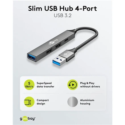 Goobay 4 prievadų USB šakotuvas su techninėmis specifikacijomis