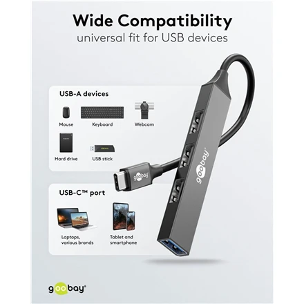 Goobay Slim 4 prievadų USB šakotuvas, USB-C į USB-A, 5 Gbit/s | 74457