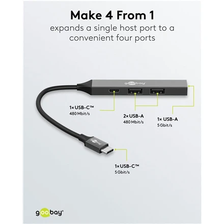 Goobay Slim 4 prievadų USB šakotuvas, USB-C į USB-C/USB-A, 5 Gbit/s | 74459
