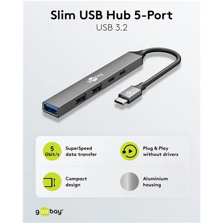 Goobay 5 prievadų USB-C šakotuvas su techninėmis specifikacijomis