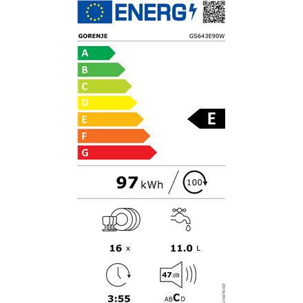 Indaplovė Gorenje GS643E90W | Pastatoma | Plotis 59.9 cm | 6 programos | E klasė| Ekranas | AquaStop funkcija | Balta