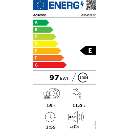 Indaplovė Gorenje GS643E90X | Pastatoma | Plotis 59.9 cm | 6 programos | E klasė| Ekranas | AquaStop funkcija | Sidabrinė