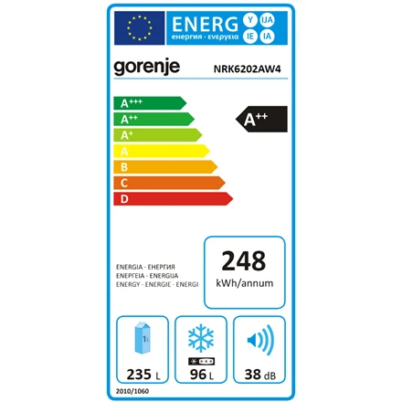 Gorenje | Šaldytuvas | NRK6202AW4 | Energy efficiency class E | Free standing | Combi | Height 200 cm | No Frost system | Šaldytuvas net capacity 235 L | Šaldiklis net capacity 96 L | Ekranas | 38 dB | Baltas