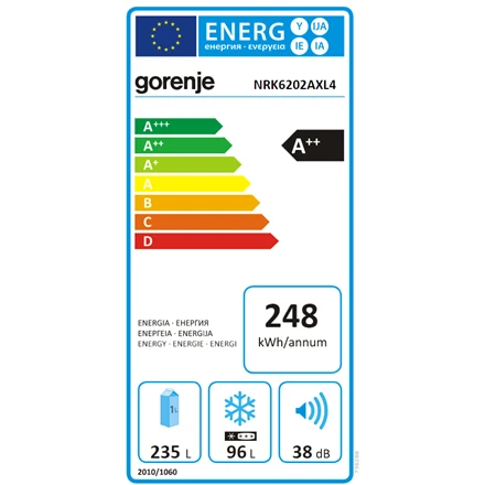 Gorenje | Šaldytuvas | NRK6202AXL4 | Energy efficiency class E | Free standing | Combi | Height 200 cm | No Frost system | Šaldytuvas net capacity 235 L | Šaldiklis net capacity 96 L | Ekranas | 38 dB | Nerūdijantis plienas