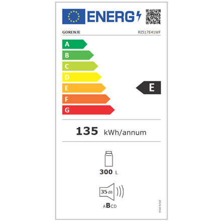 Gorenje Šaldytuvas | RI517E41WF | Energijos vartojimo efektyvumo klasė E | Įmontuojamas | Sandėliukas | Aukštis 177,2 cm | Šaldytuvo grynoji talpa 300 l | Ekranas | 35 dB | Balta